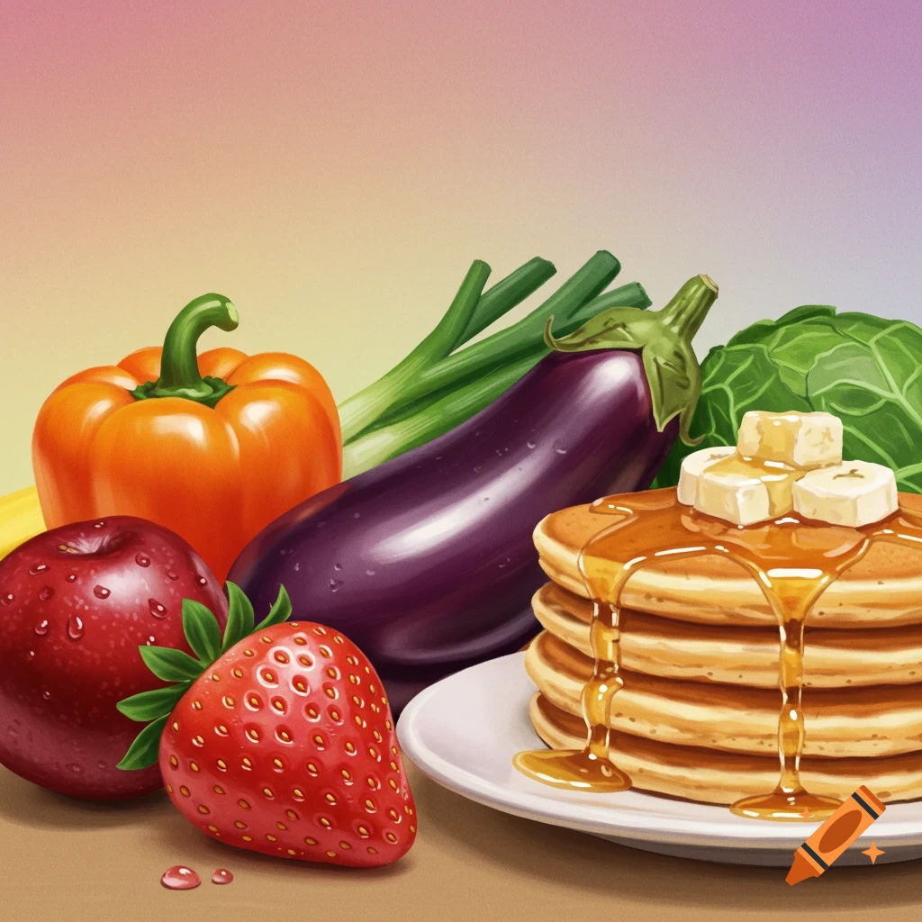 Pancakes with syrup and fruits (strawberry, apple) and vegetables (pepper, eggplant, cabbage, scallions).