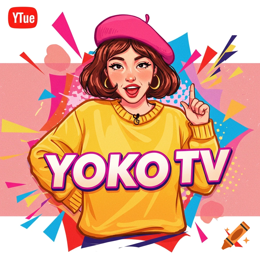 Cartoon illustration of a woman in a pink beret and yellow sweater with 'YOKO TV' text.