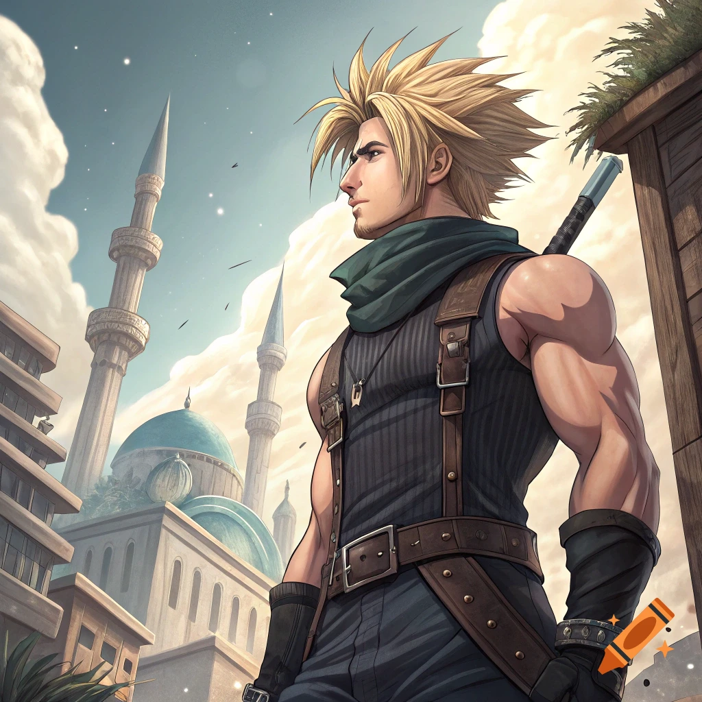 Anime style character with spiky blonde hair in a city street with minarets.