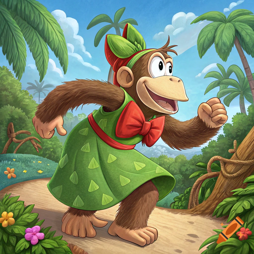 Cartoon monkey in a dress running on a jungle path
