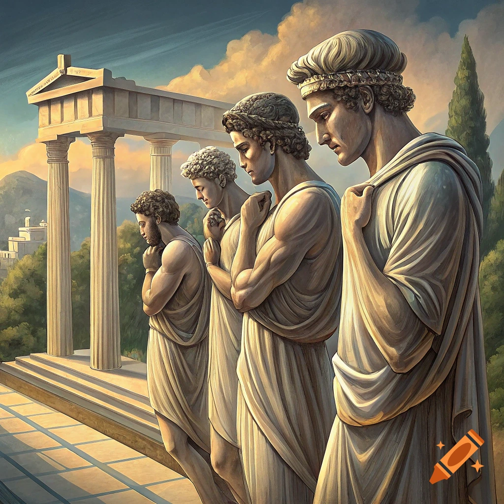Four classical Greek statues of men stand before a temple in a landscape.