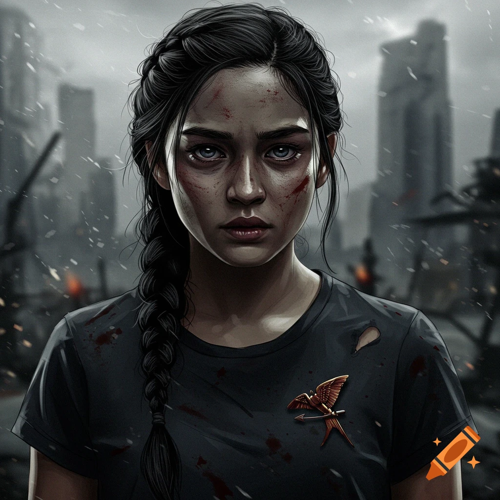 A girl with a braid, dirty face, and a mockingjay pin stands in a ruined city.
