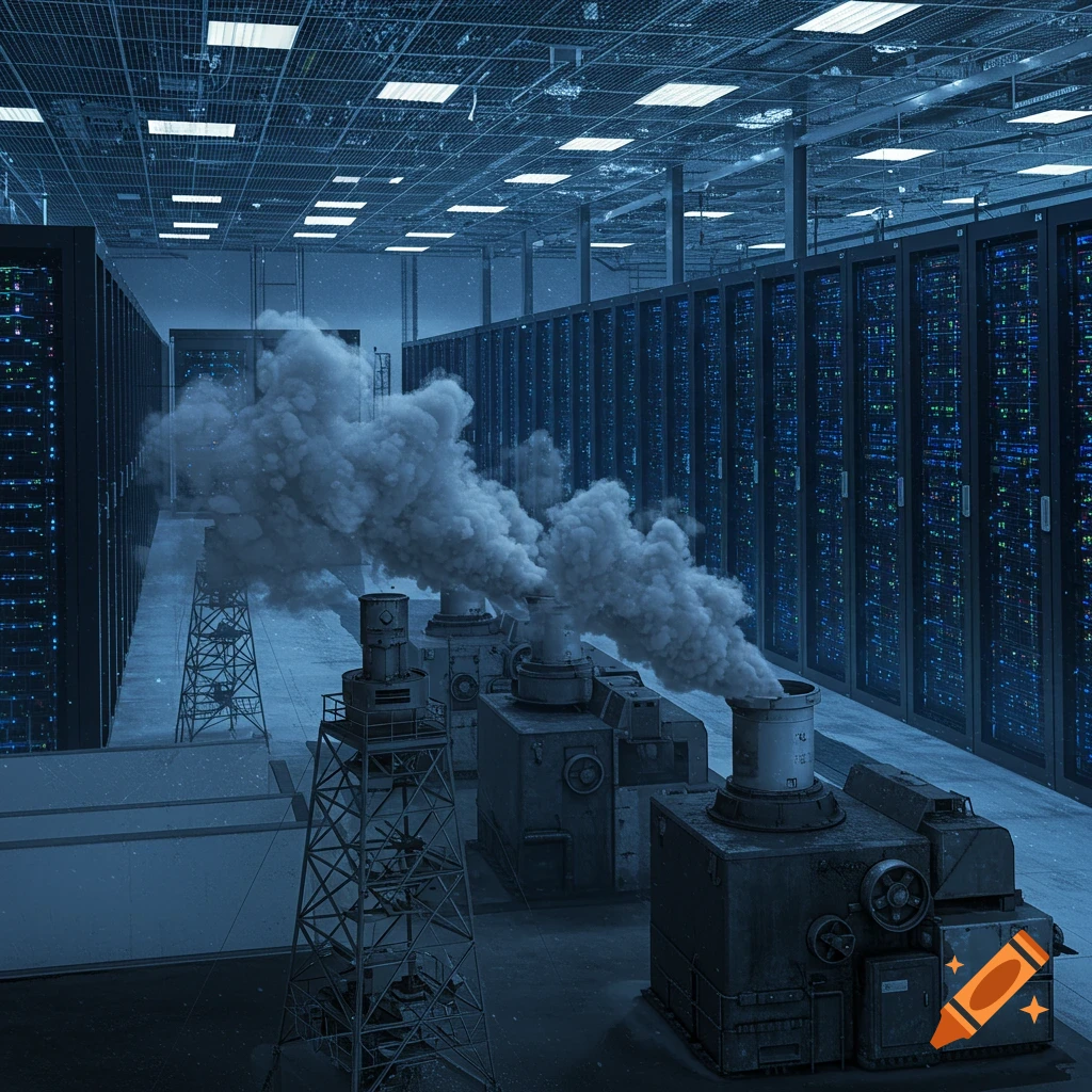 A data center interior with server racks lining the walls, and large, smoking industrial generators in the foreground.