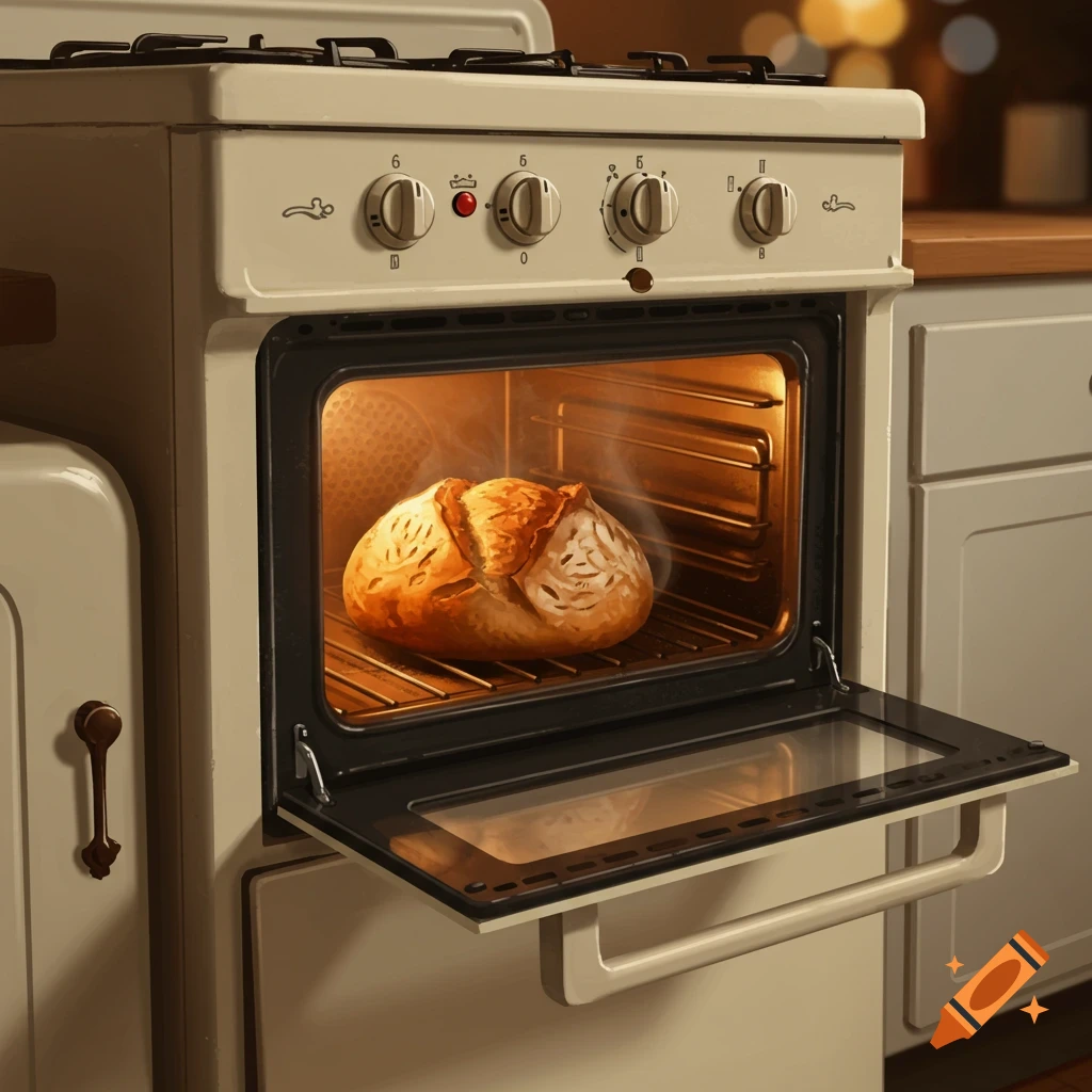 An oven with a loaf of bread baking inside.