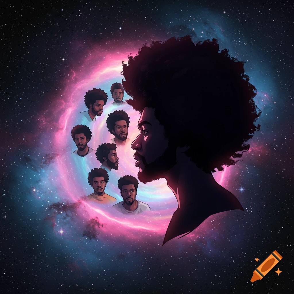 Profile of a man in deep space with a pink nebula, surrounded by multiple smaller images of his face.
