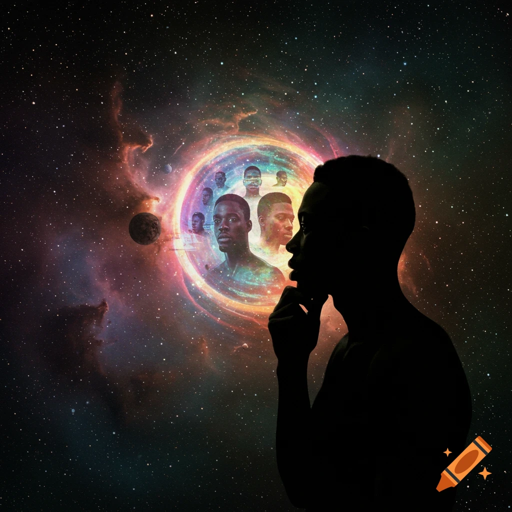 Silhouette of a man looking at a glowing space portal containing multiple faces.