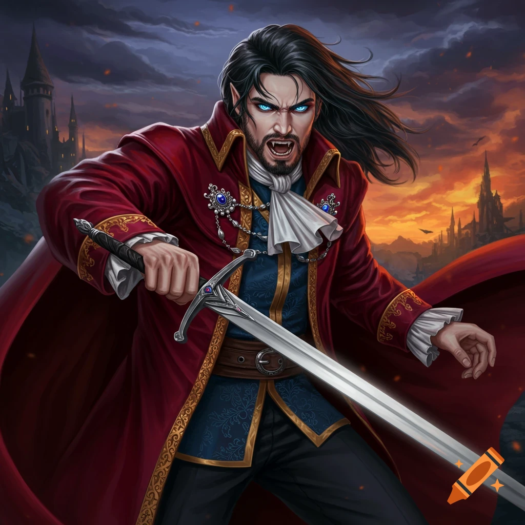 A fierce vampire warrior in a red coat holding a sword, with a castle in the background.
