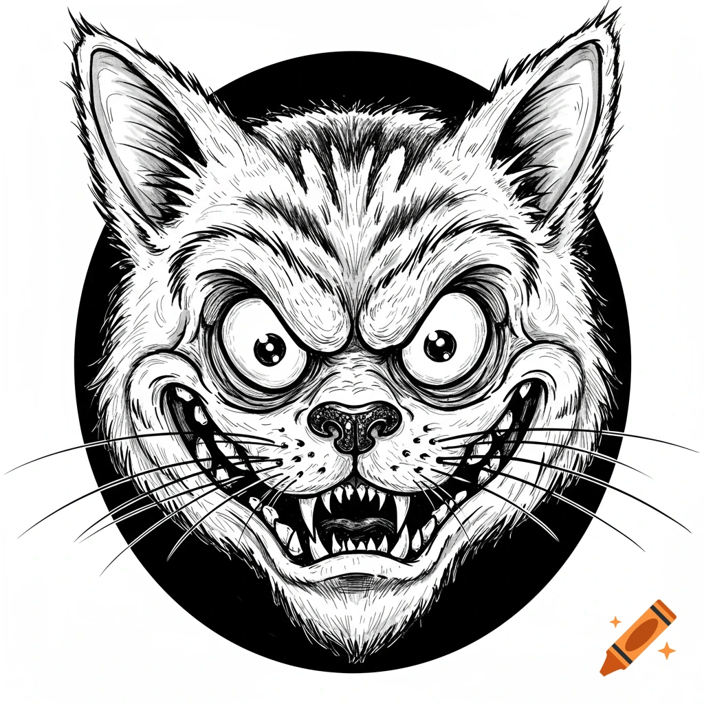 A black and white illustration of a sinister cat face in a rat fink style.