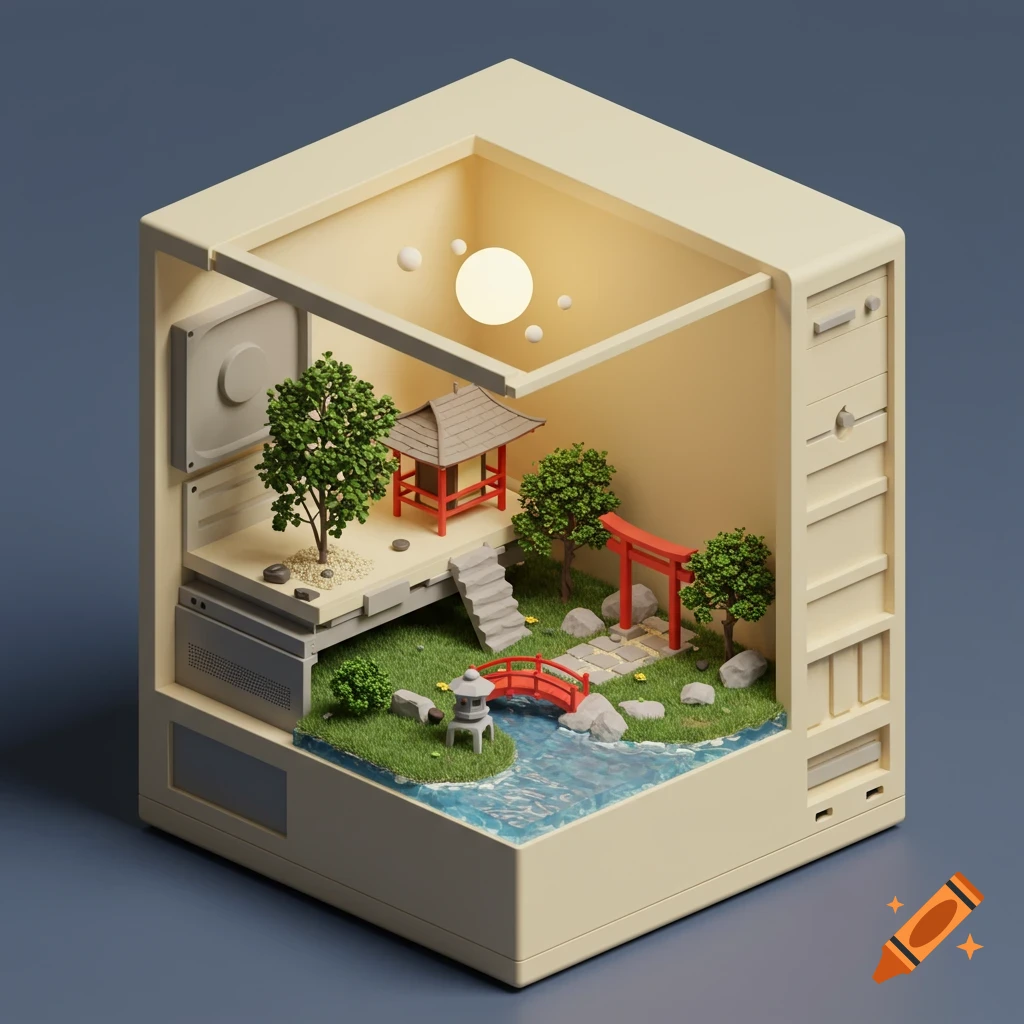 Isometric 3D illustration of a Japanese garden scene inside an old computer case, with a bridge, torii gate, trees, and water.