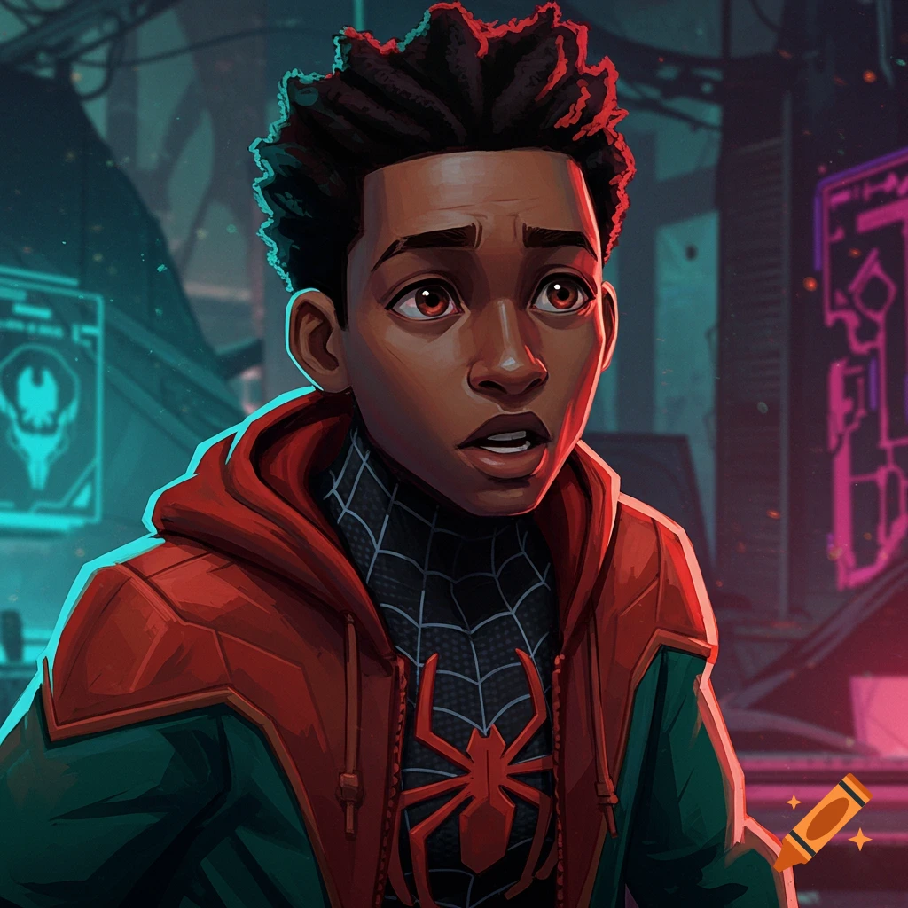 Portrait of Miles Morales looking up in a futuristic city, in an animation style.