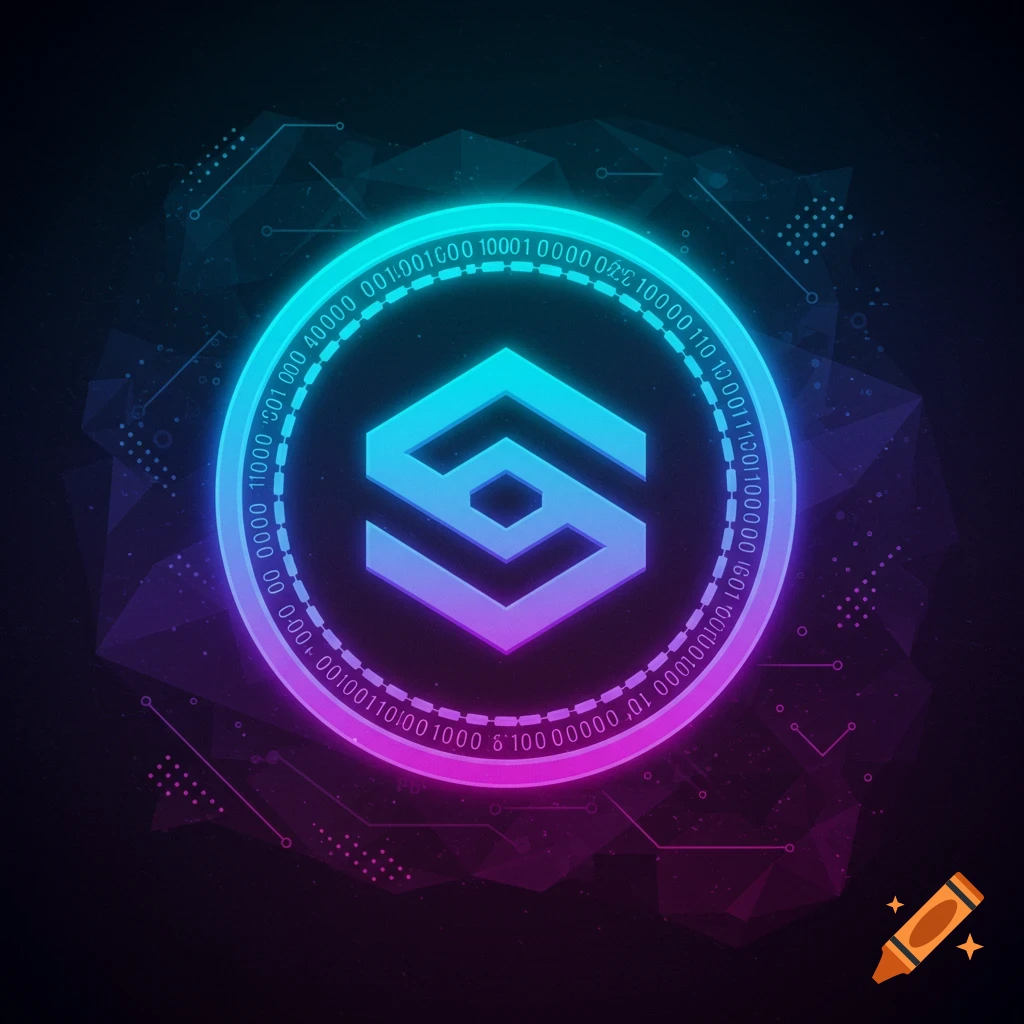 Abstract blue and purple geometric symbol surrounded by text and digital patterns on a dark background.