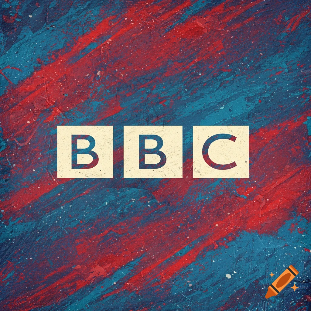 BBC logo on a background of red and blue paint strokes.
