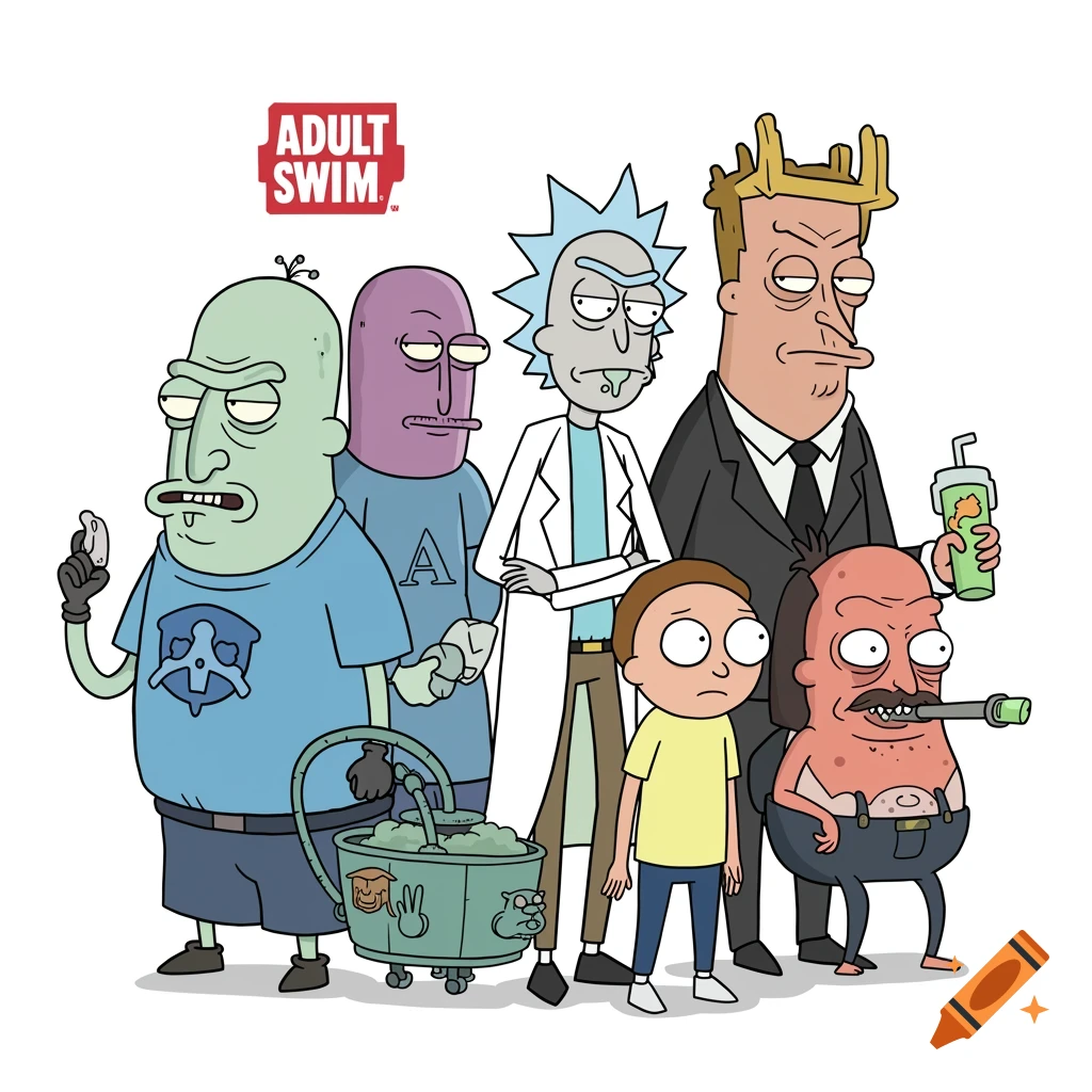 Illustration of Rick Sanchez, Morty Smith, and other adult swim characters in a stylized art deco style.