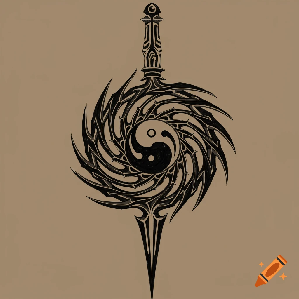 A stylized black design of a sword hilt connected to a swirling spiral containing a yin-yang symbol, suitable for a tattoo.