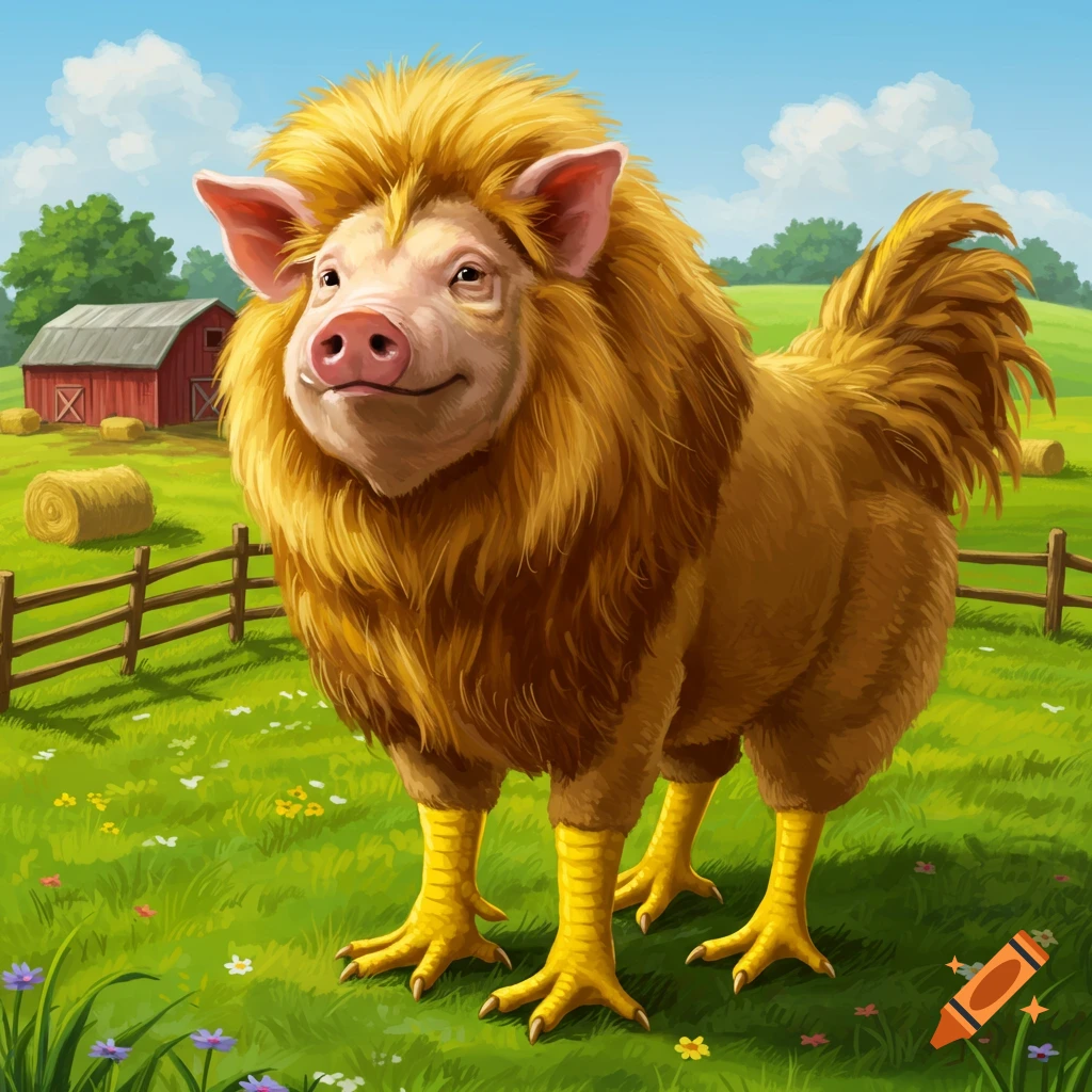 A creature with a pig's head, a lion's mane and body, and chicken legs stands in a grassy farm field.
