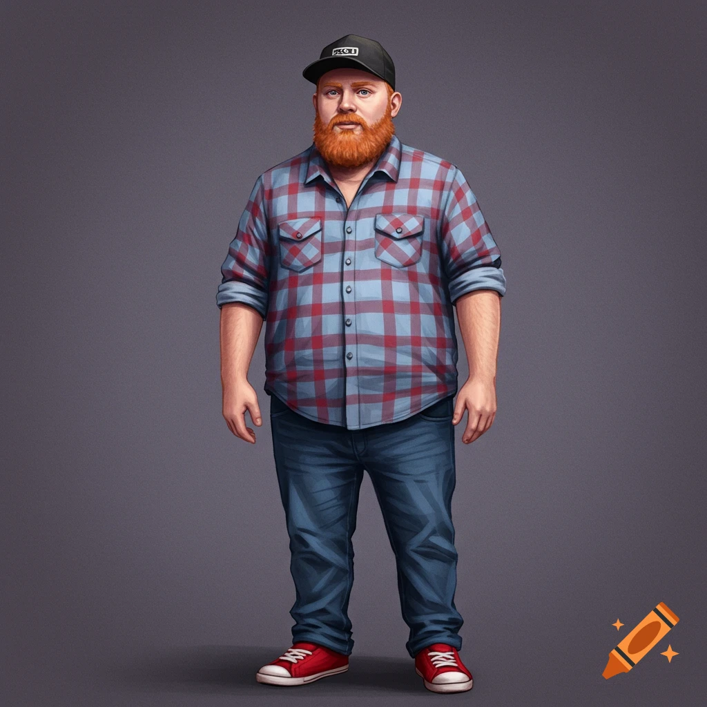 A red-haired man with a beard is wearing a flannel shirt, jeans, and baseball cap.