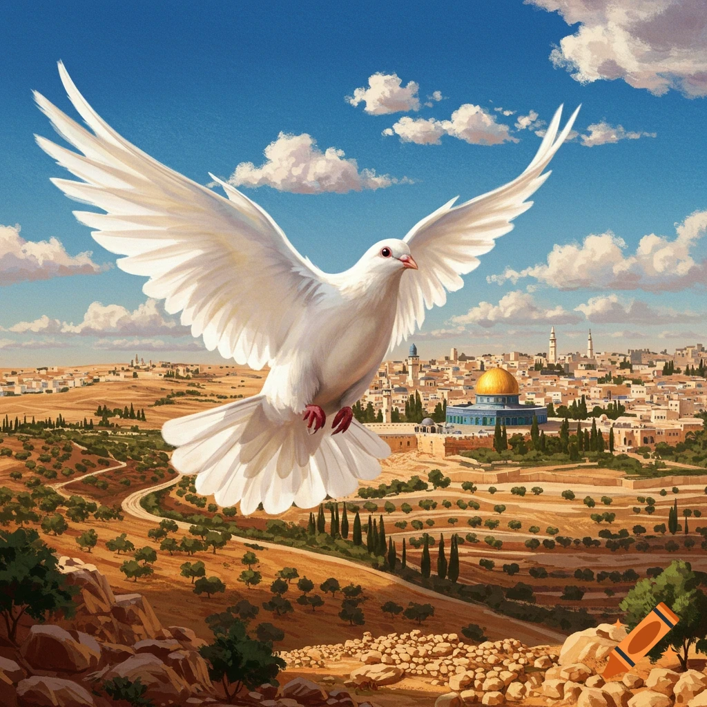 A white dove flies over a sunny city landscape with a golden-domed building.
