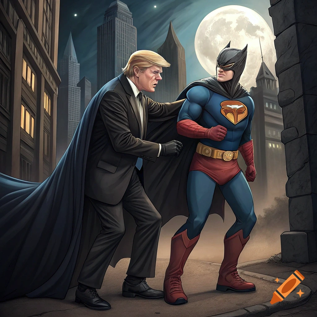 Donald Trump in suit and cape confronts a superhero on a city street at night.