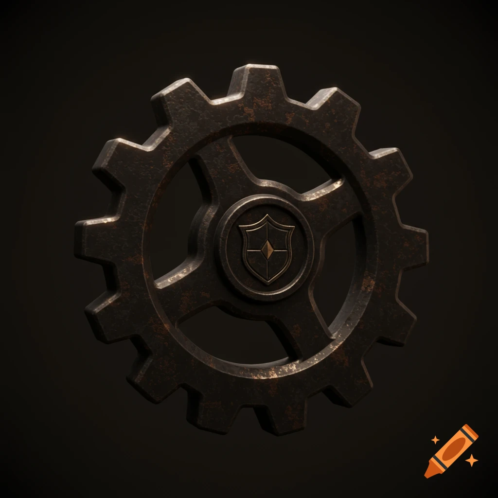 A detailed, rusty medieval gear icon with a shield emblem in the center.