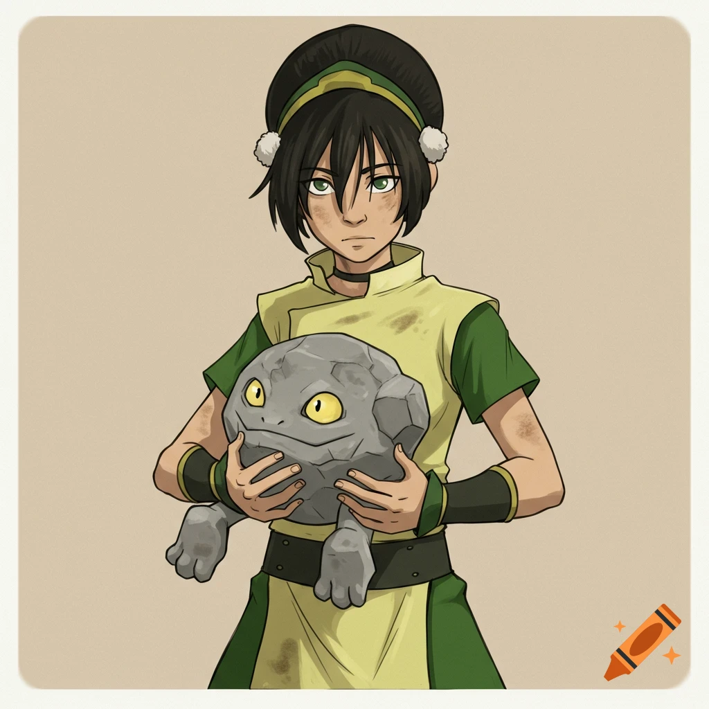 Toph from Avatar the Last Airbender holding a Geodude Pokemon, cartoon style.