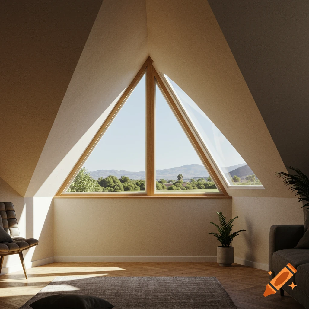 Interior room with large triangular window showing landscape