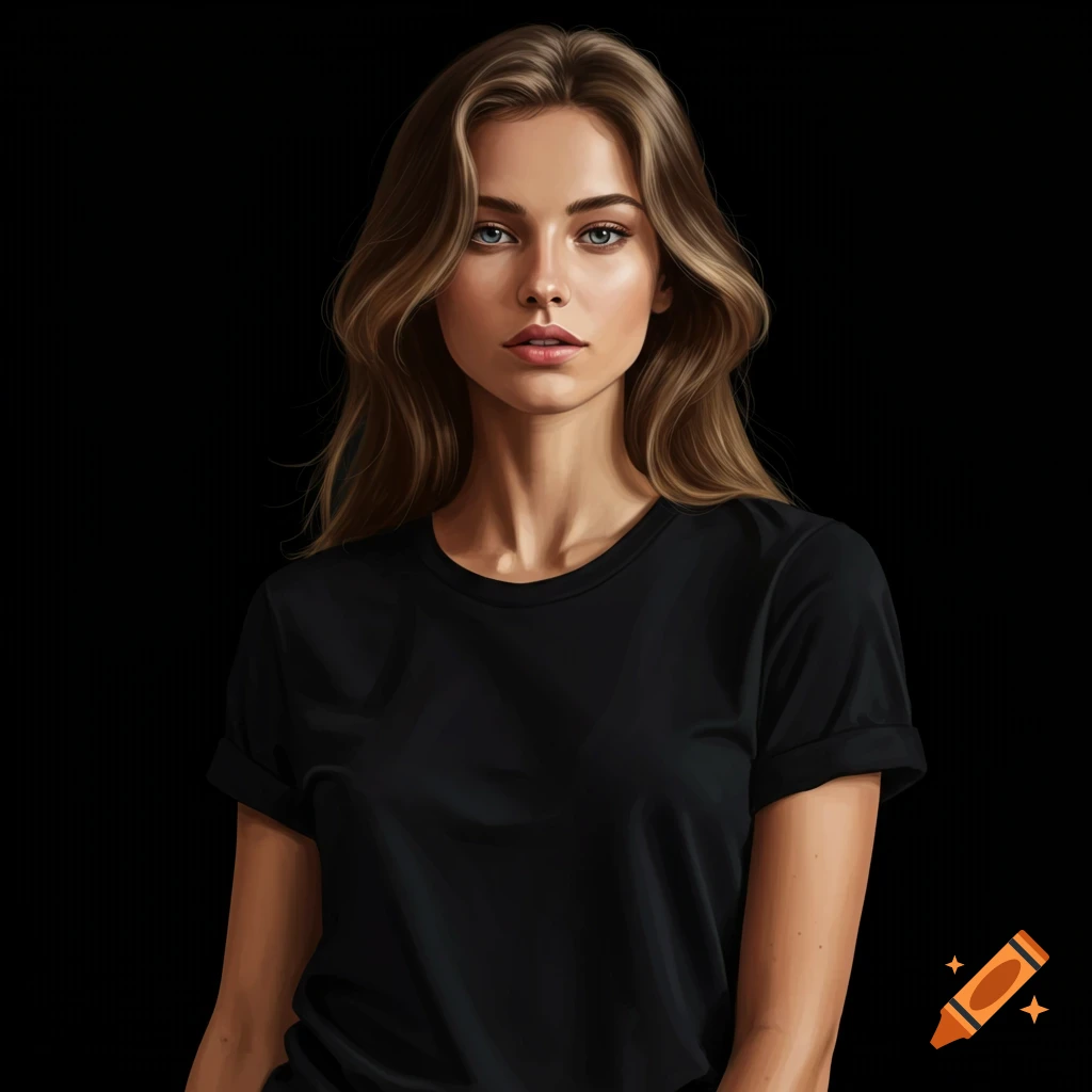 A female model with long brown hair wearing a black t-shirt against a black background.