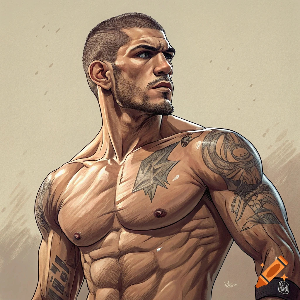 Muscular man with tattoos looking away, digital illustration style.