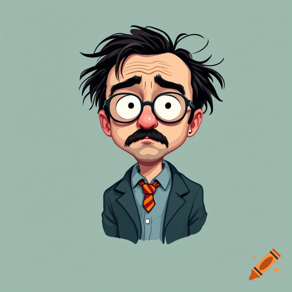 Cartoon portrait of a man with dark hair, mustache, glasses, suit jacket, and tie.