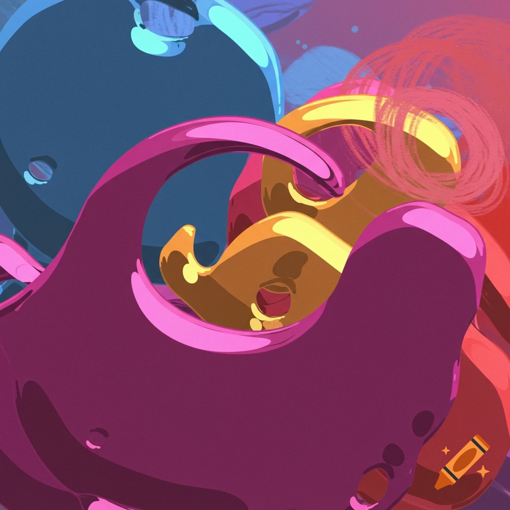 Abstract artwork of intertwined shiny colorful shapes.