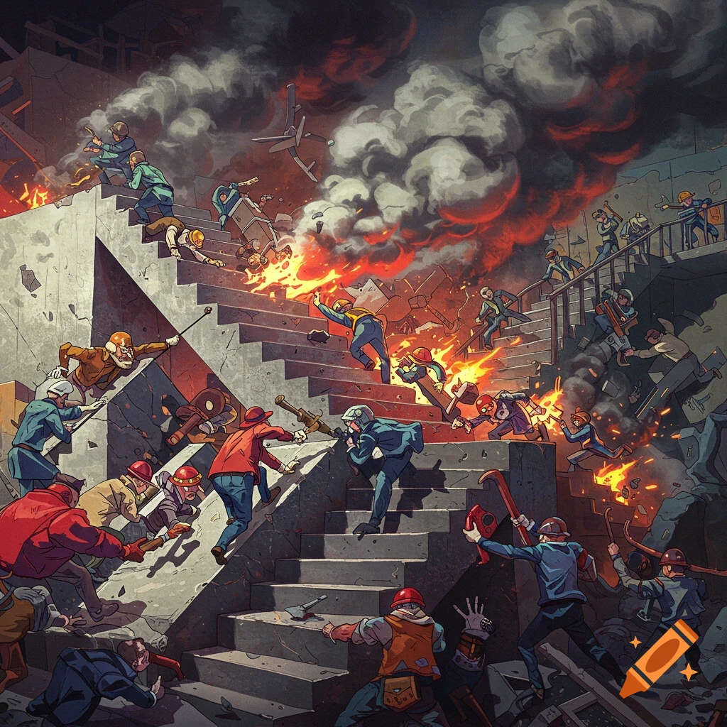 A chaotic battle scene unfolds with people fighting on stairs amidst fire and smoke.