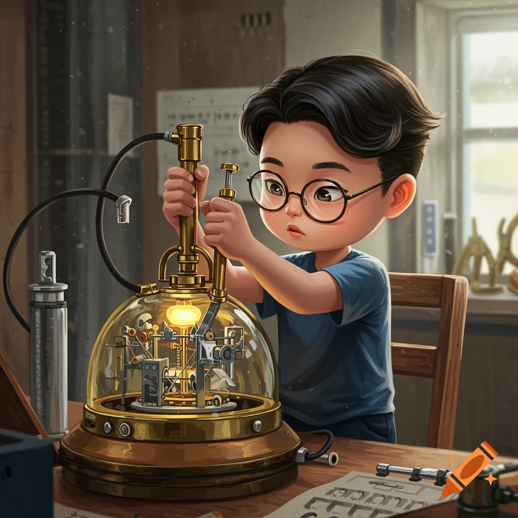Image of a boy with glasses working on a time machine in a workshop.
