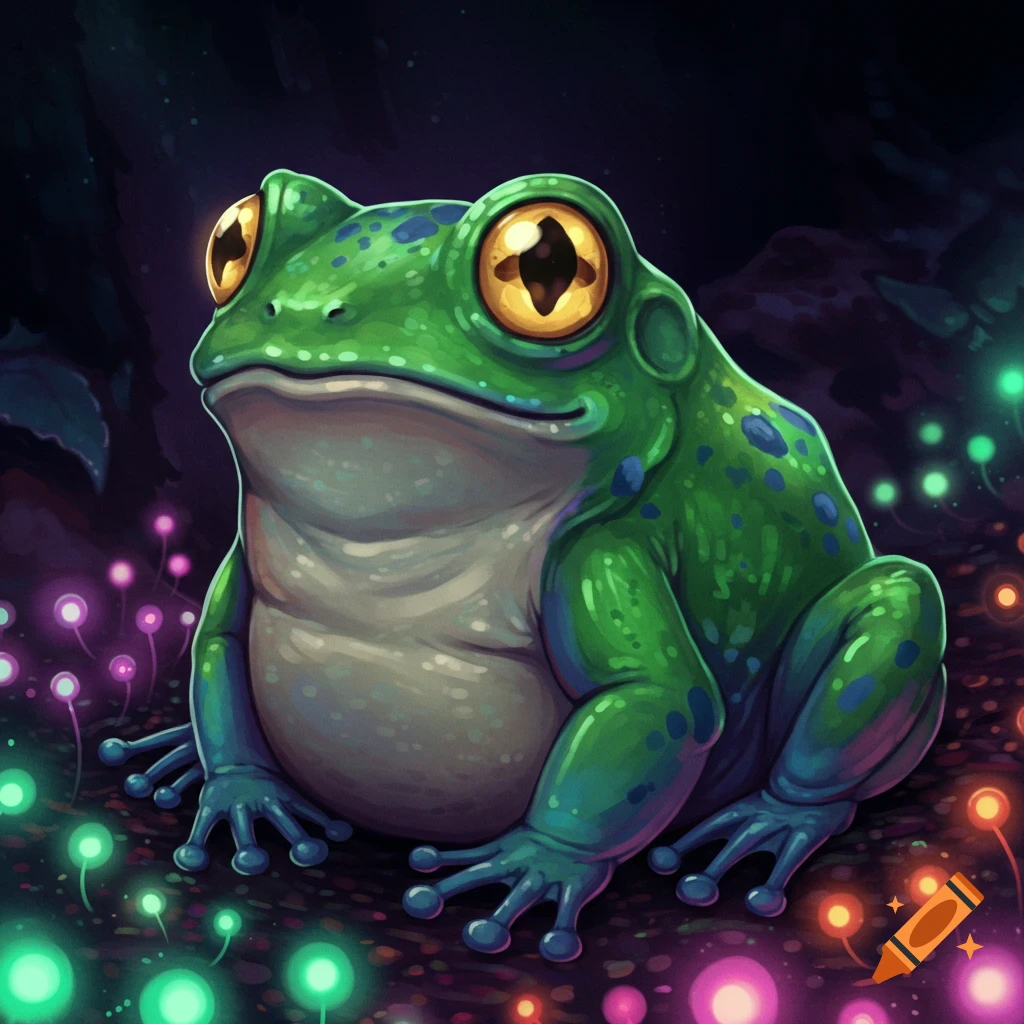 A green frog with large yellow eyes sits among glowing fantasy plants in a dark forest.