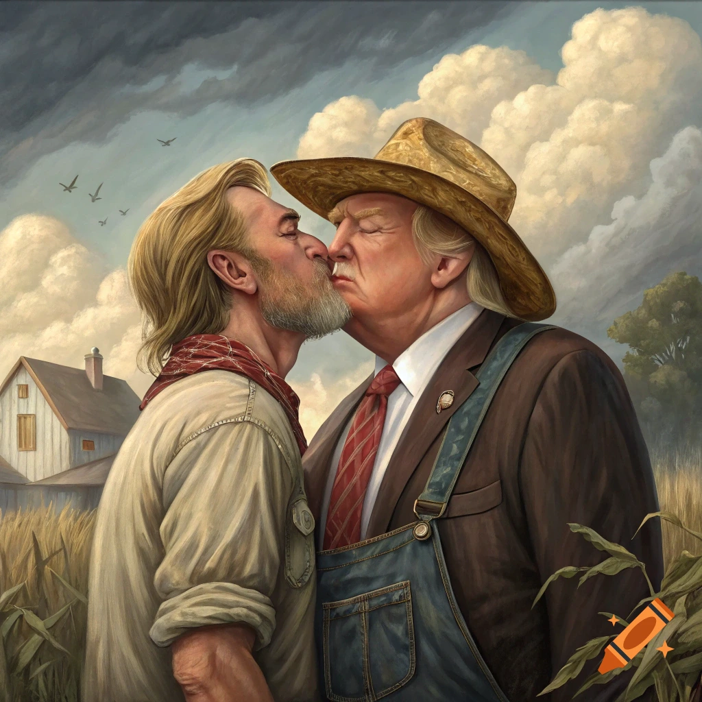 Two men, one resembling Donald Trump in a suit and overalls, kissing another man in a rural setting.