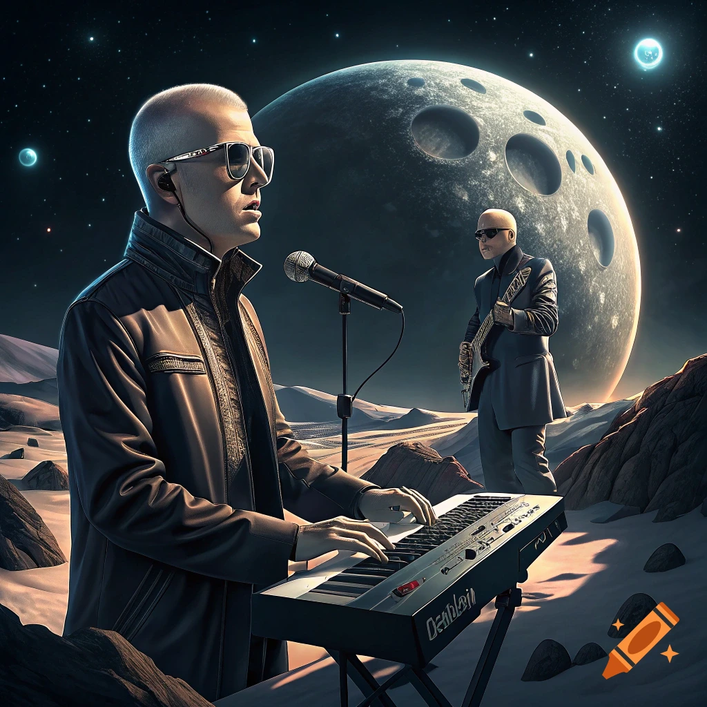 Two bald musicians perform on the moon, one playing keyboard, the other guitar, with a planet in the background. Digital art.