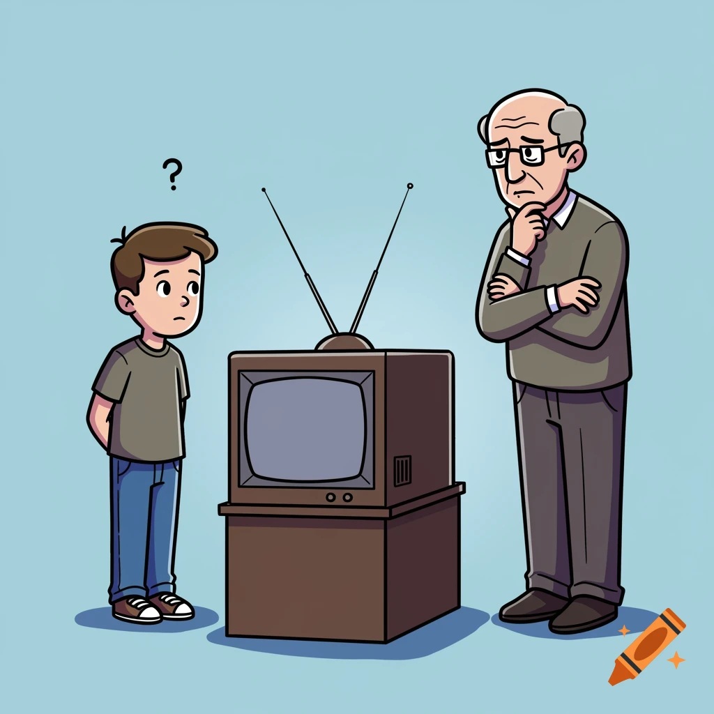 Cartoon illustration of a boy and an old man looking at a vintage television.