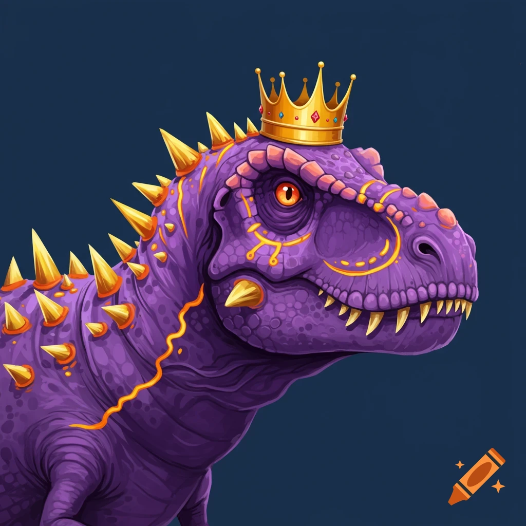 A purple T-Rex wears a gold crown and has yellow spikes and orange markings.