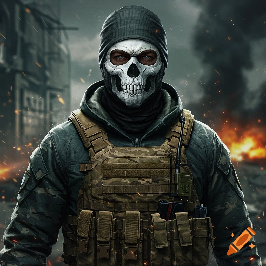 Image of a soldier wearing a skull mask and tactical gear in a ruined city with fire.