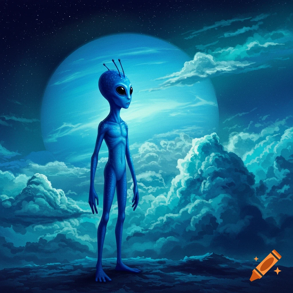 A blue alien stands before a large blue planet and clouds.