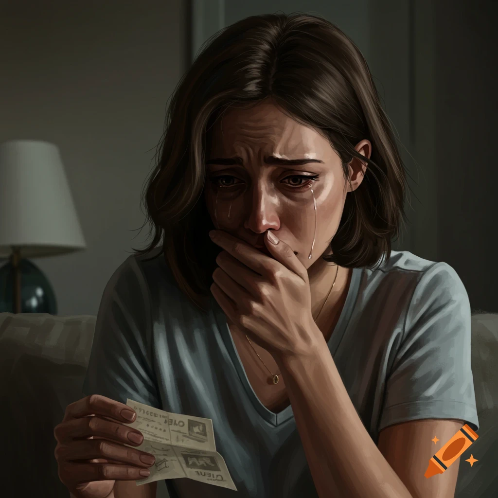A heartbroken woman crying and holding a crumpled piece of paper.