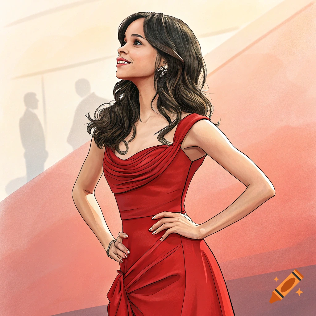 Illustration of Jenna Ortega in a red dress posing on a red carpet