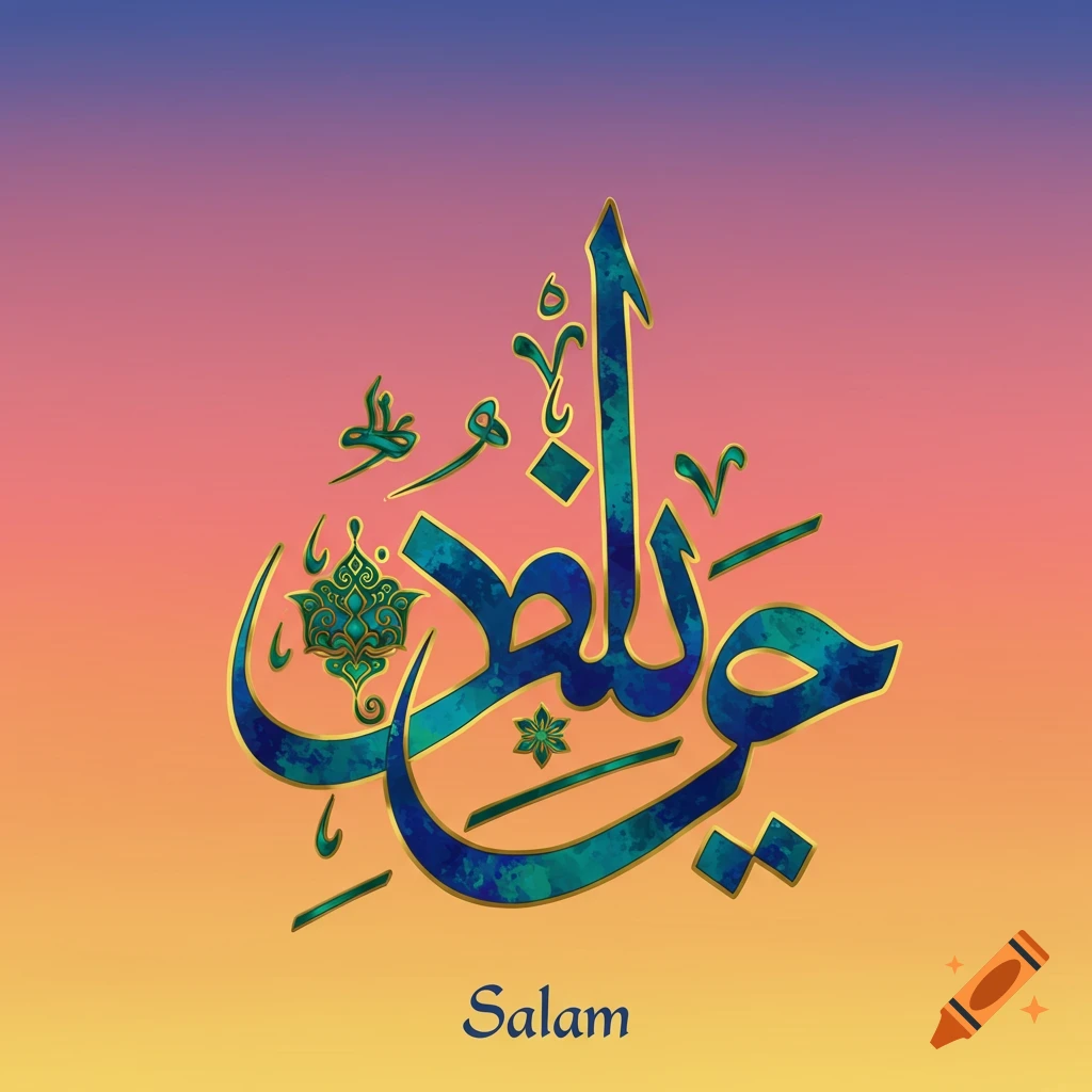 Arabic calligraphy of 'Salam' in blue and green with gold outline on a gradient background. The English word 'Salam' is below.