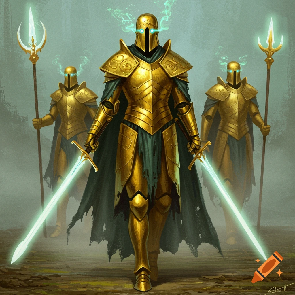 Three figures in golden armor with glowing eyes, swords, and spears.