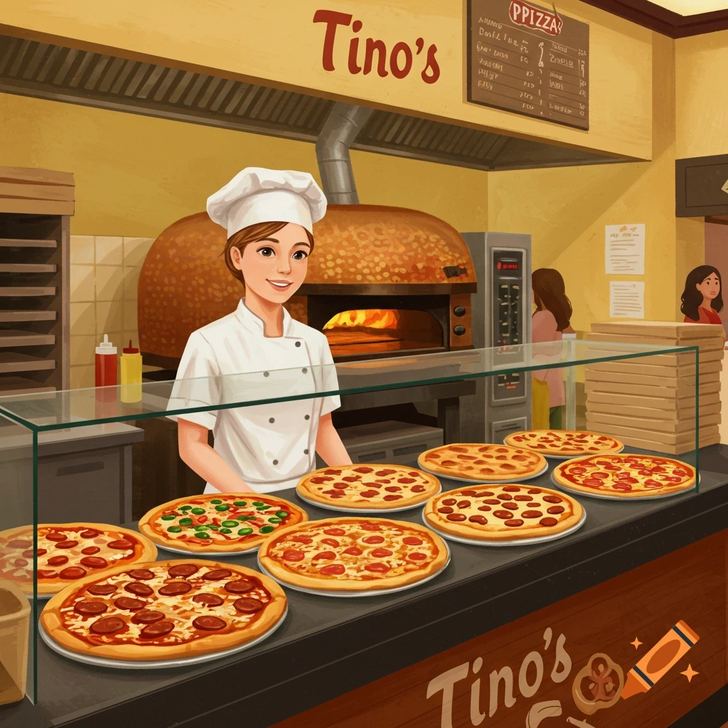 A chef behind the counter in a pizza restaurant with several pizzas on display.