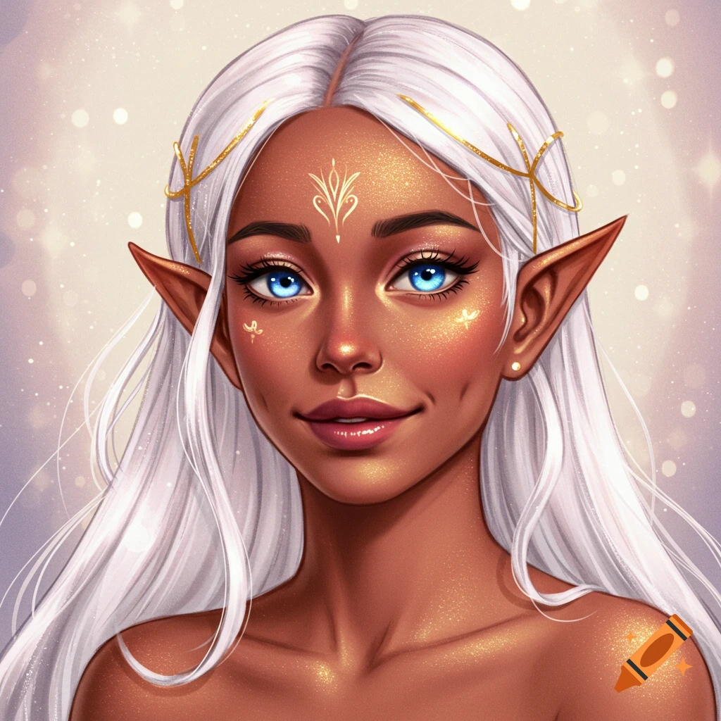 Portrait of an ethereal elf woman with white hair, blue eyes, and bronze skin.