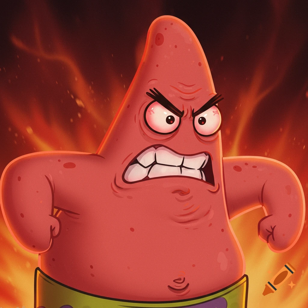 Angry cartoon starfish Patrick Star against a fiery background.