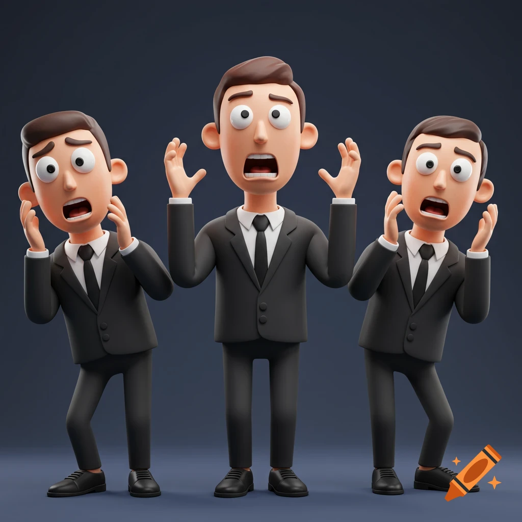Three 3D cartoon men in suits look surprised and anxious.