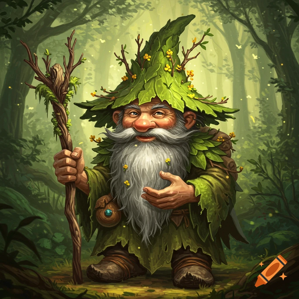 A gnome dressed in leaves holding a staff in a forest.
