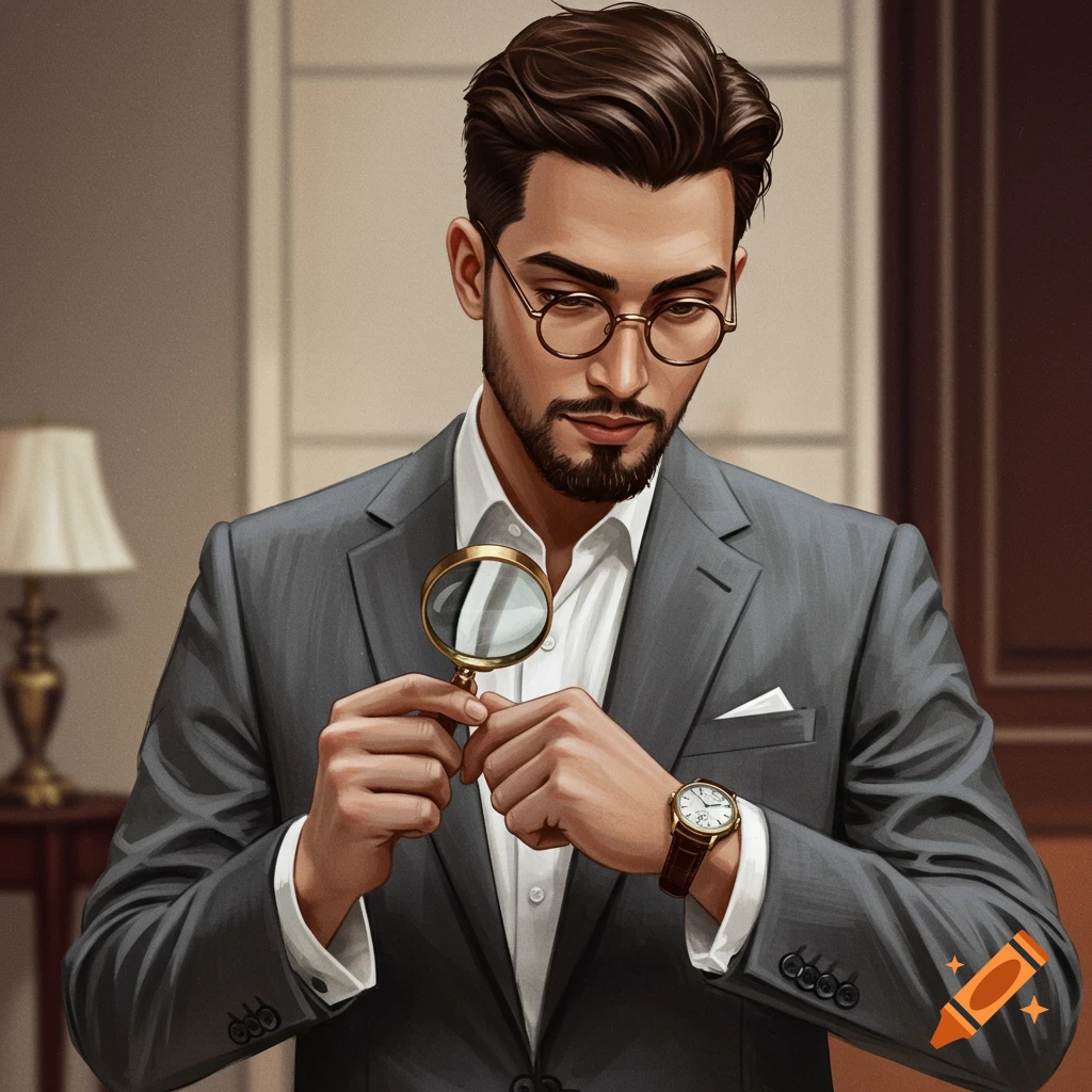 A man in a suit is examining his watch with a magnifying glass.
