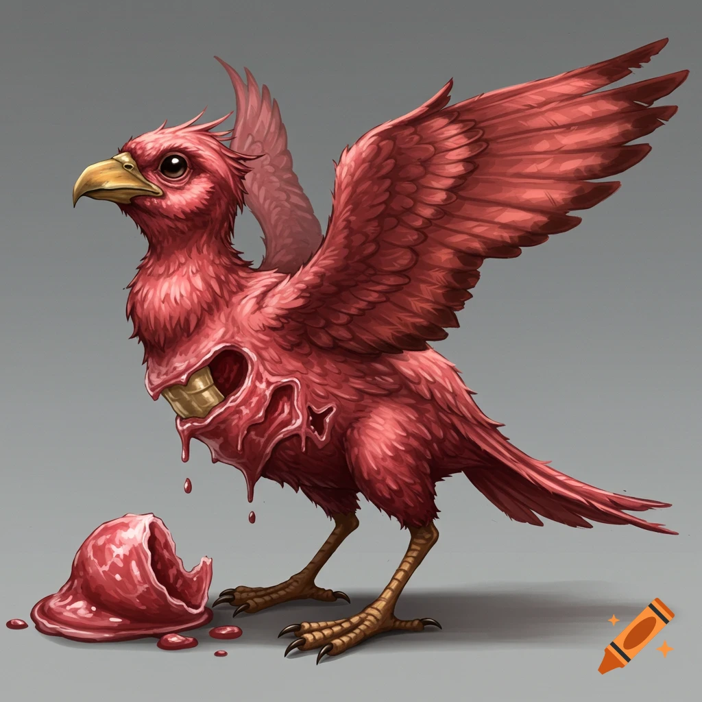 A red bird with exposed meat on its chest and teeth, dripping blood, standing next to a pile of flesh.