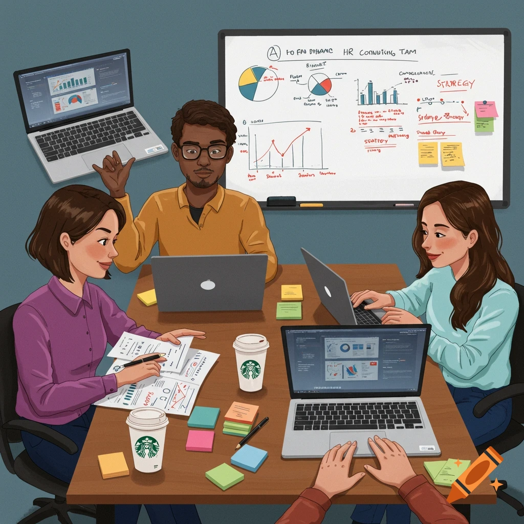 Illustration of a business team working around a table with laptops, documents, coffee cups, and a whiteboard.